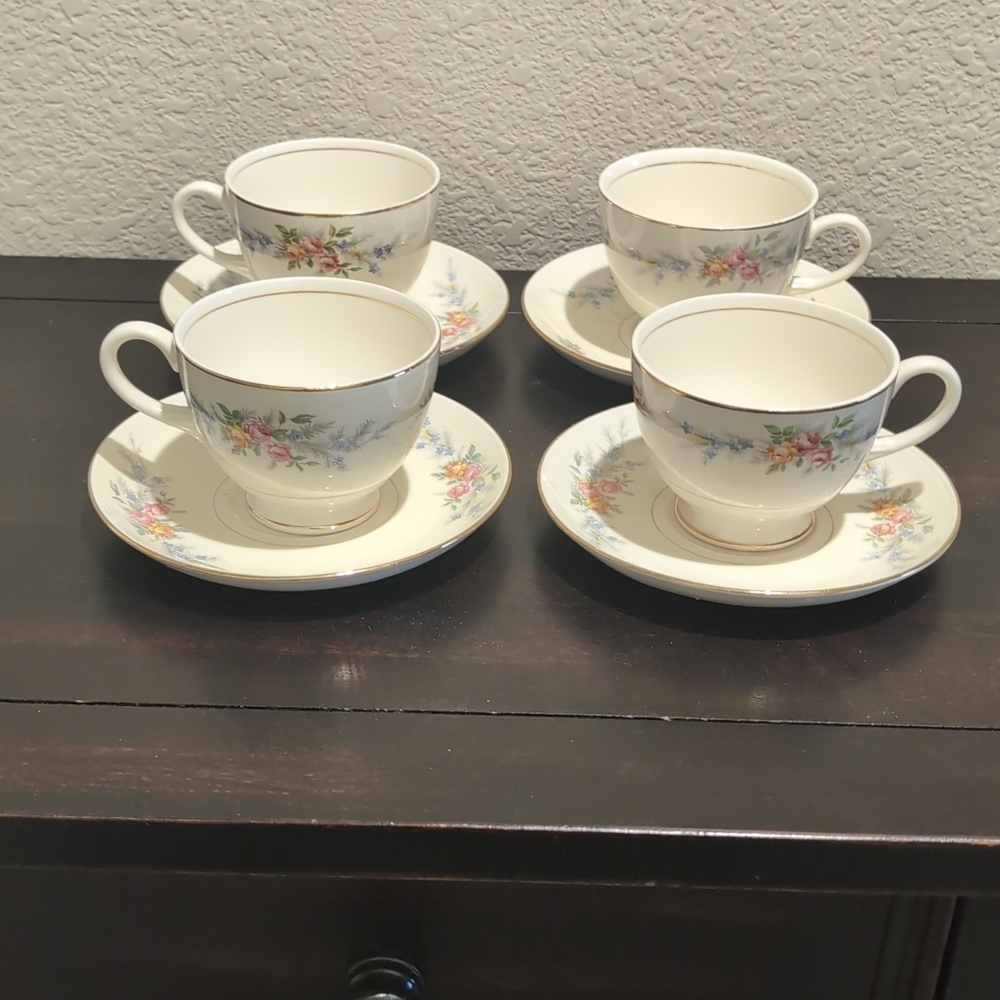 Four (4) Homer Laughlin Eggshell Nautilus Ferndale Cup & Saucer Sets